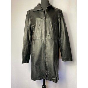 Jaclyn Smith Black Trench Coat 100% Leather Size Medium NWT